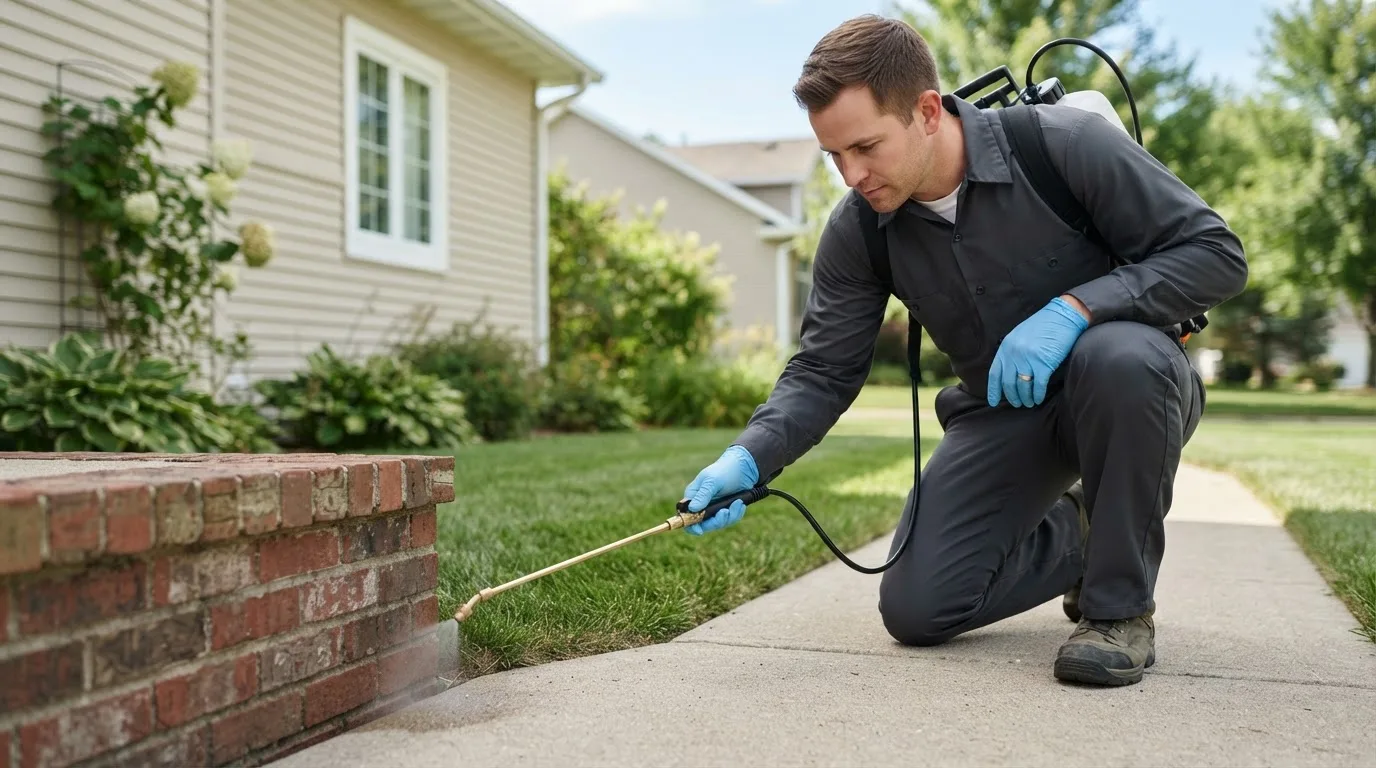Pest control technician treating a home near Wilson, MI
