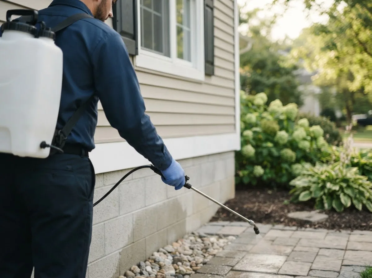 Pest control technician inspecting a home in Wilson, MI